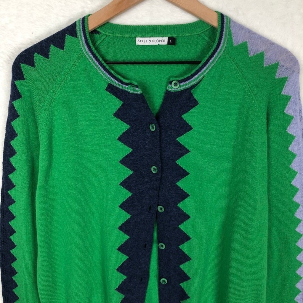 Zaket & Plover Cashmere Cotton Zigzag Intarsia Cardigan Sweater Women's L Green - Picture 3 of 11